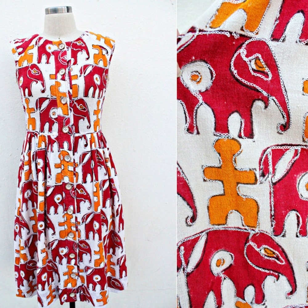 Vtg Red & Yellow Gauze Elephant Sleeveless Dress